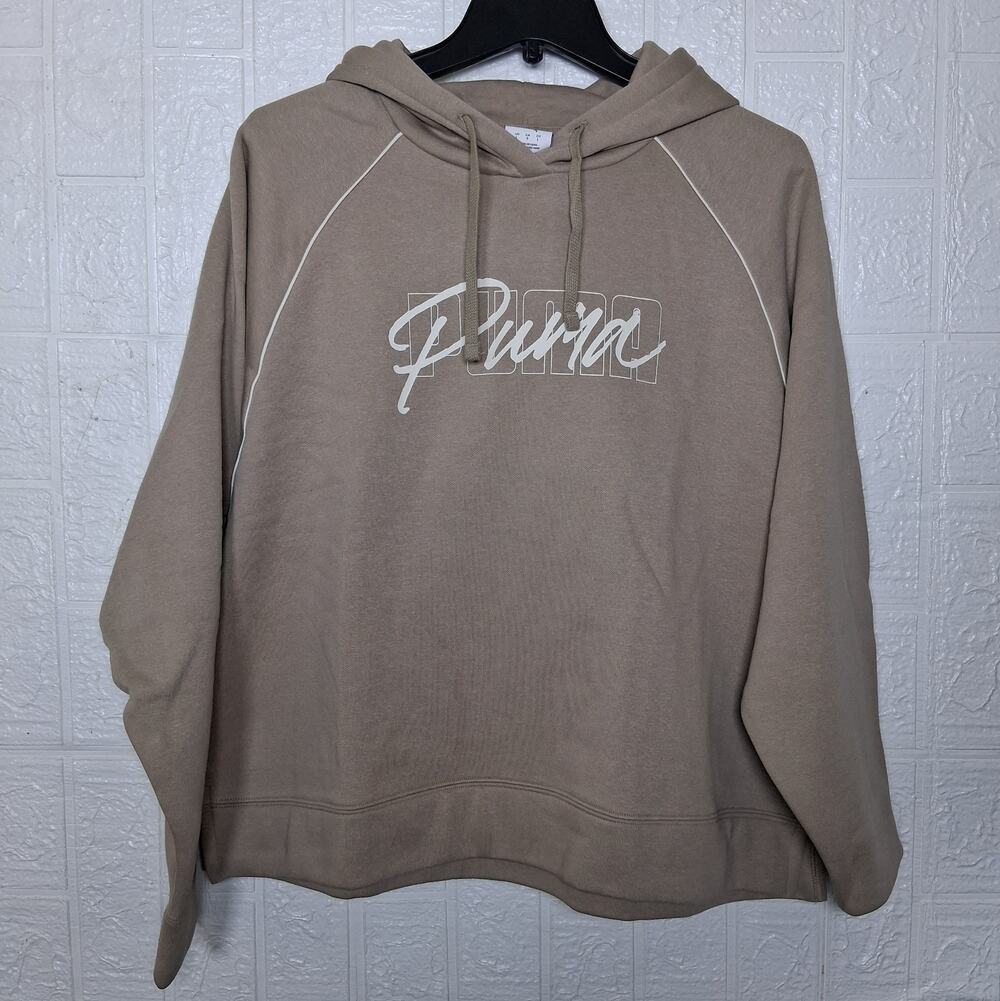 PUMA ESS Piped Hoodie Womens L Ice Coffee Brown Logo NWT $55